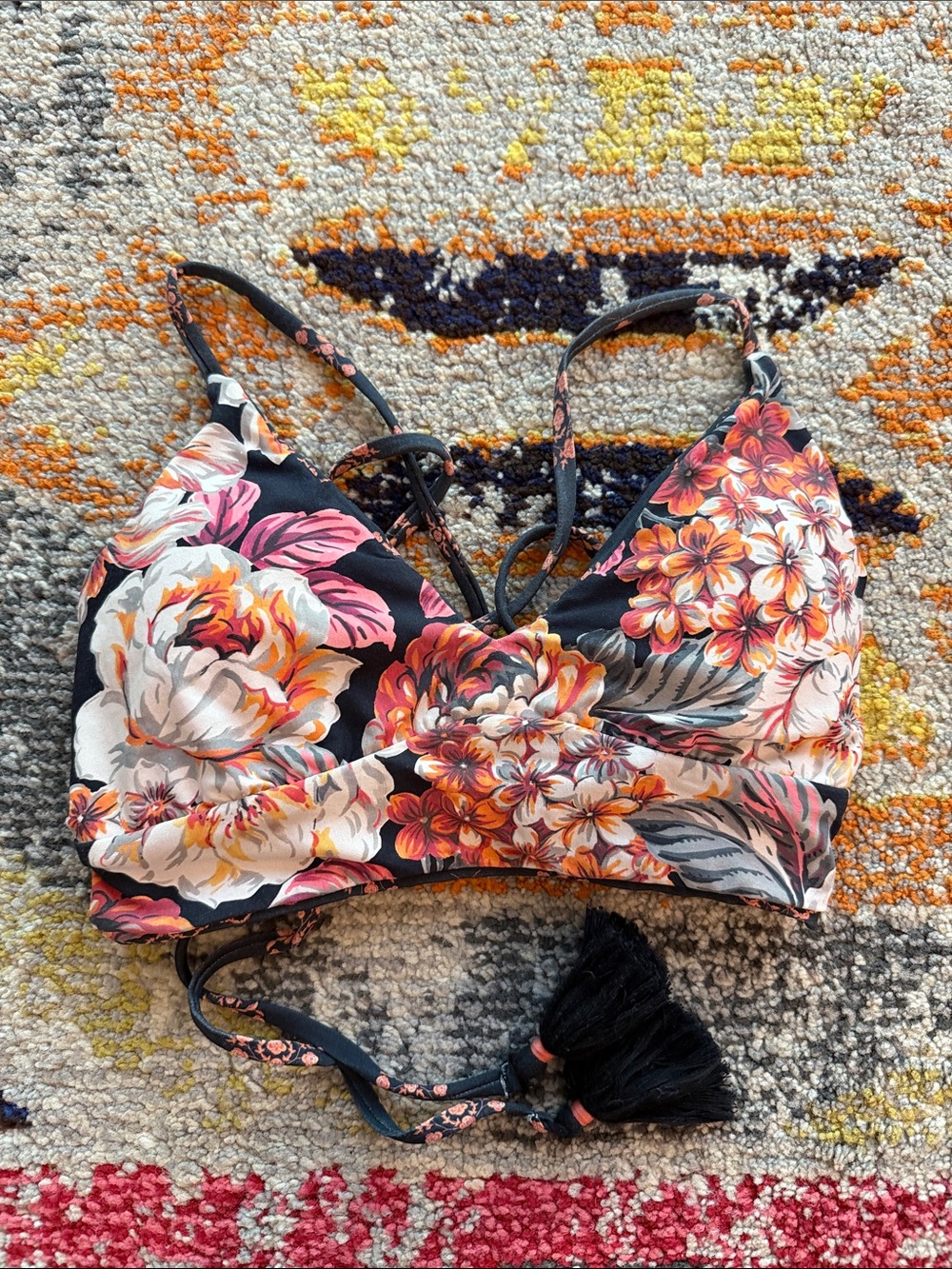 Maaji Floral Bikini Top in Black with Pink, Orange and White Flowers